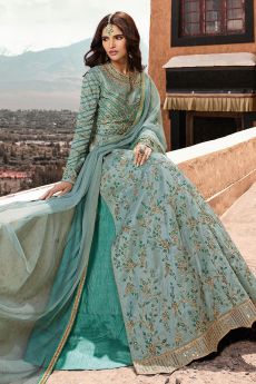 Blue Embroidered Anarkali Suit with Lehenga in Silk