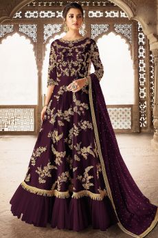 Plum Net Fully Embroidered Anarkali Suit