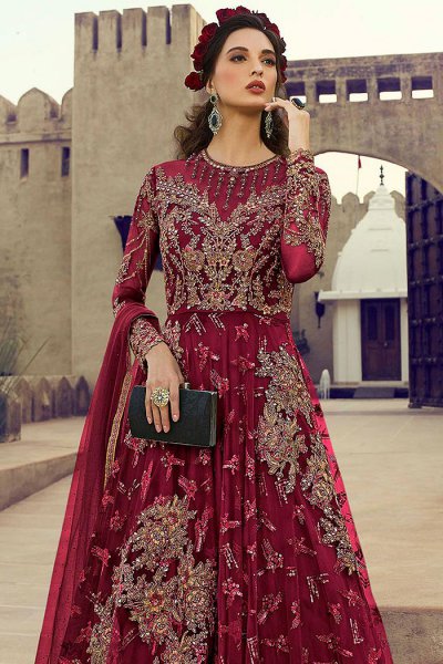 Embellished Cherry Red Anarkali Suit in Net