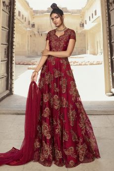 Cherry Red Zari Embroidered Net Anarkali Suit