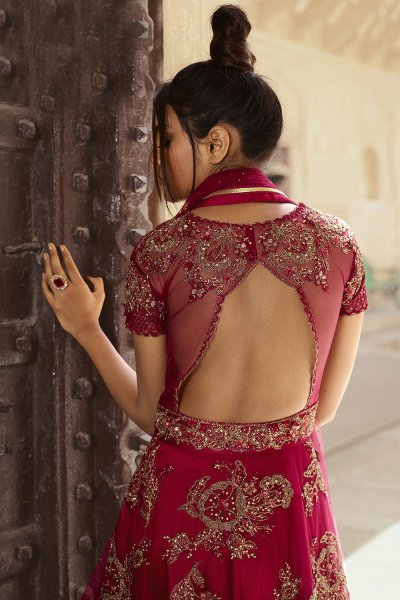 Cherry Red Zari Embroidered Net Anarkali Suit