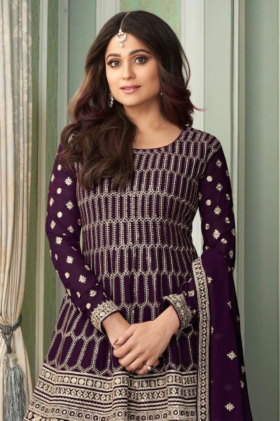 Peplum Style Embroidered Palazzo Suit in Georgette