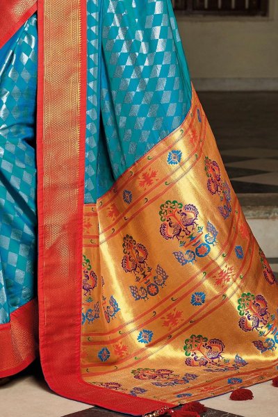 Blue Party Wear Woven Silk Saree with Peacock Motifs on Pallu