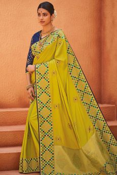 Lime Green Party Wear Woven Silk Saree