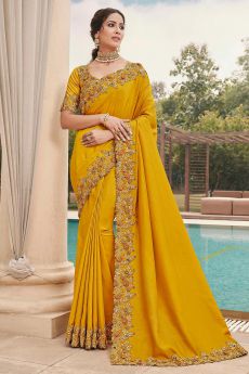 Gold Yellow Embroidered Silk Saree