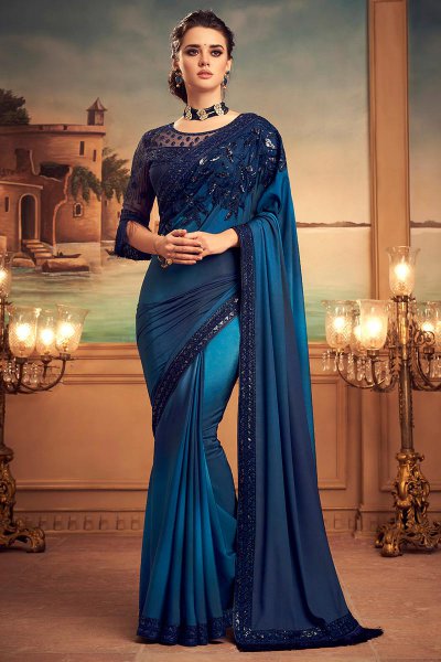 Blue Ombre Embroidered Silk Saree with Sequins work