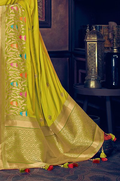Lime Green Woven Silk Saree with Zari