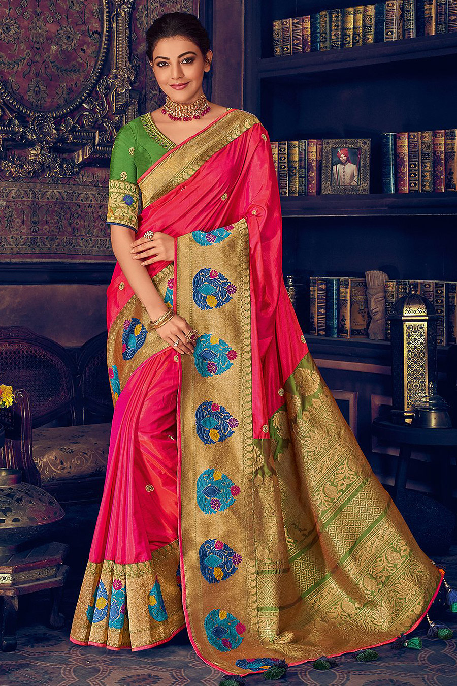 Coral, Green and Gold Silk Weaved Party Wear Saree