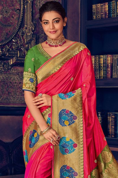 Coral, Green and Gold Silk Weaved Party Wear Saree