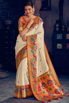 Ivory Party Wear Woven Silk Saree with Peacock Motifs