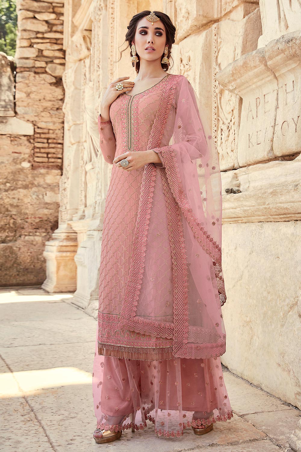 Pink Party Wear Palazzo Suit with Embroidery