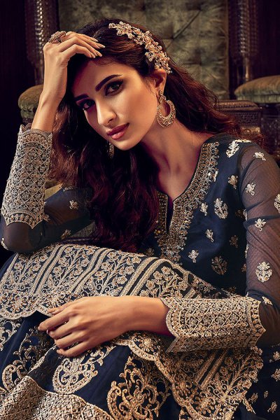 Navy Blue Zari Embroidered Flared Palazzo Suit