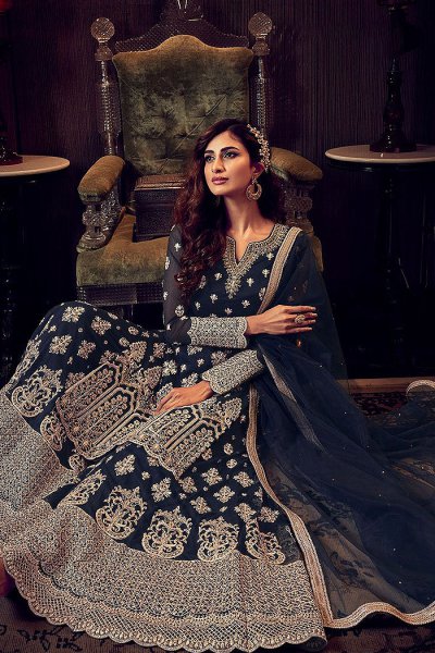 Navy Blue Zari Embroidered Flared Palazzo Suit