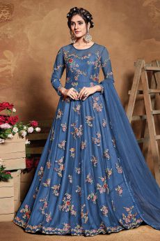 Steel Blue Floral Embroidered Anarkali Suit