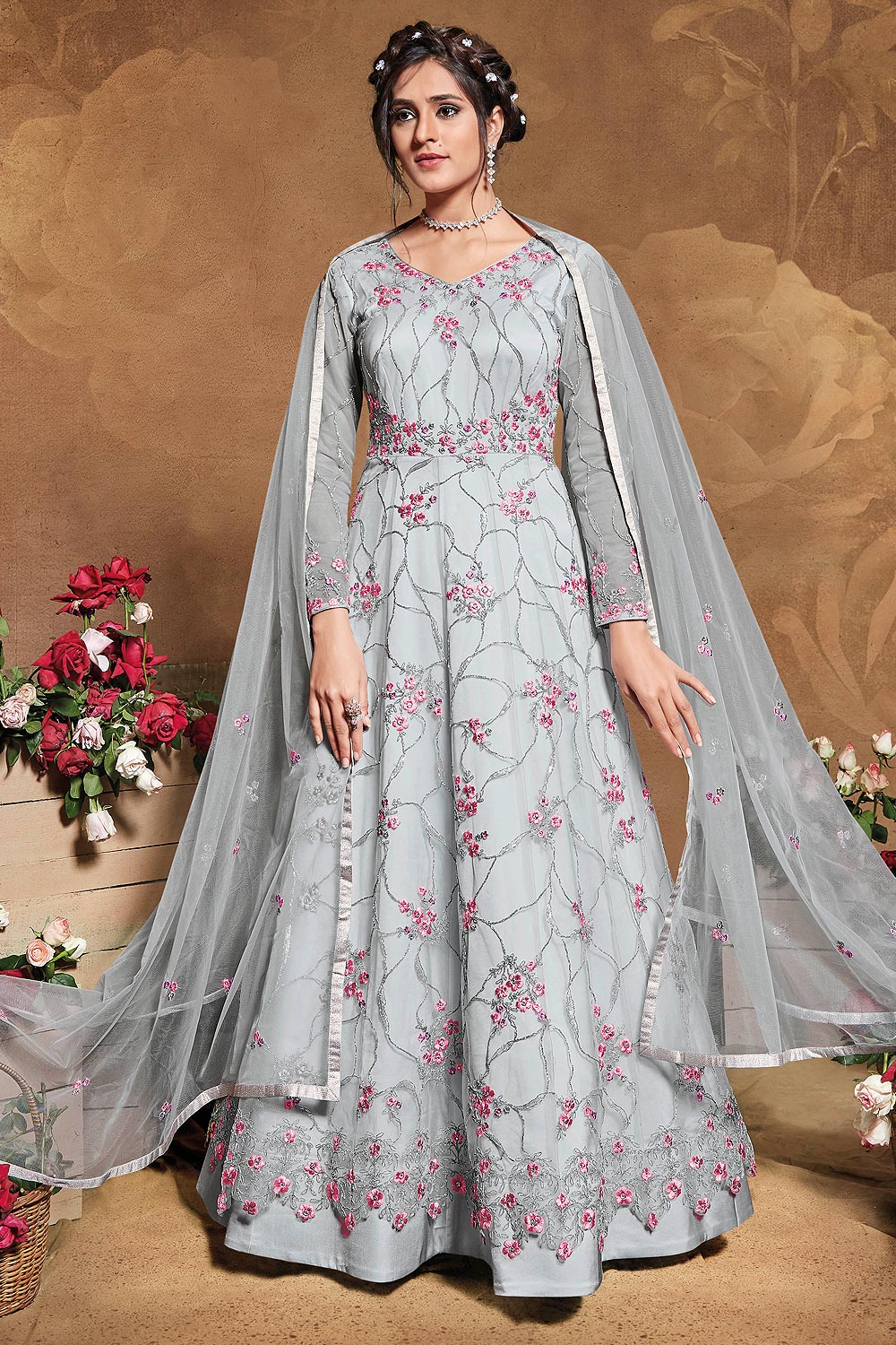 Pale Grey Blue Floral Embroidered Anarkali Suit