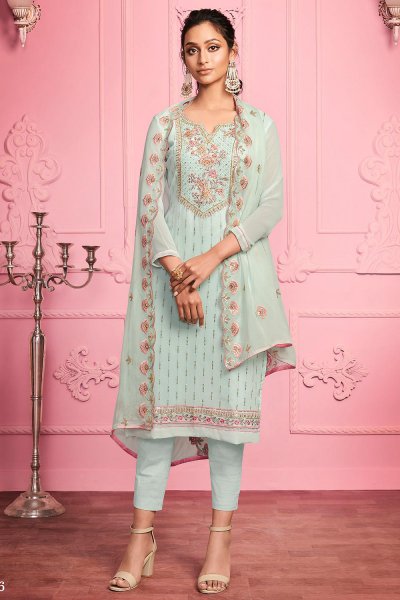 Misty Teal Embroidered Party Wear Suit in Georgette