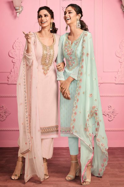 Misty Teal Embroidered Party Wear Suit in Georgette