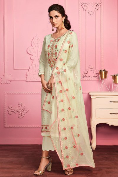 Pale Yellow Floral Embroidered Georgette Suit