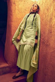 Lime Green Silk Sharara Suit with printed Silk Dupatta