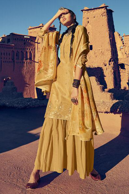 Mustard Indian Designer Sharara Suit in Silk