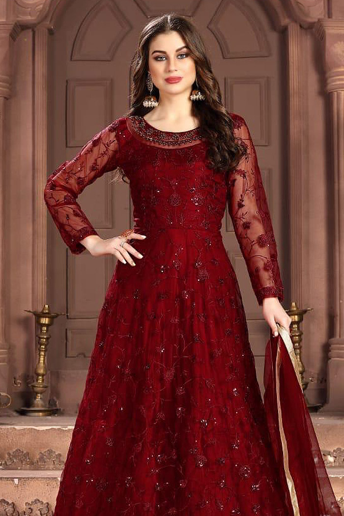 Buy Cherry Red Embroidered Anarkali Suit With Sequins Work Online ...