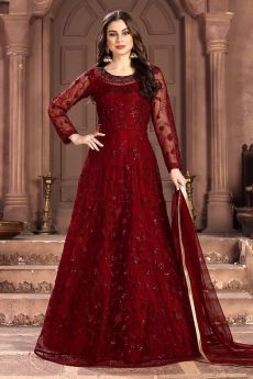 Cherry Red Embroidered Anarkali Suit with Sequins work