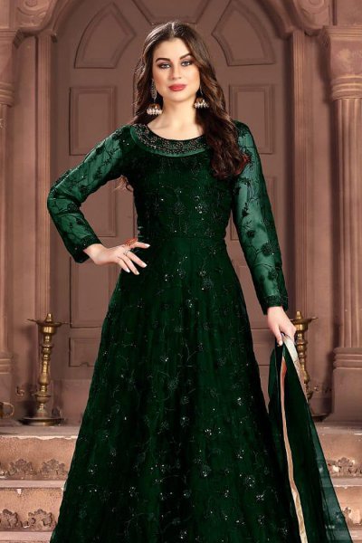 Bottle Green Embroidered Anarkali Suit with Sequins work