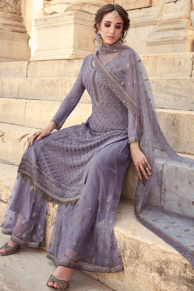 Misty Lilac Party wear Palazzo Suit with Embroidery