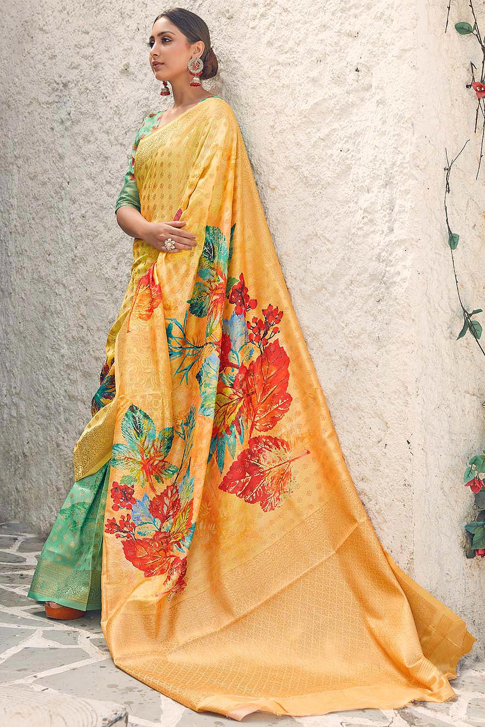 Orange & Green Floral Print Cotton Silk Designer Saree