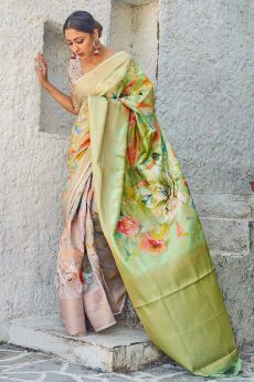 Green & Beige Floral Print Cotton Silk Designer Saree
