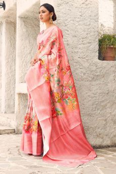 Coral Pink Floral Print Cotton Silk Designer Saree