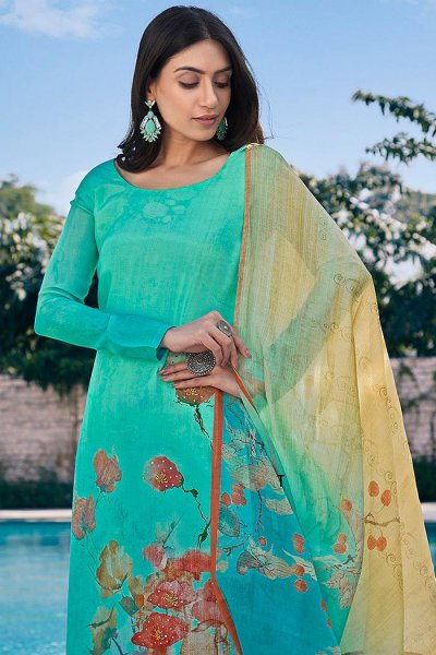 Ready to Wear Turquoise Green Digital Print Cotton Silk Palazzo Suit