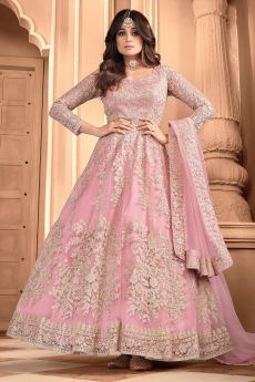 Pink Embroidered Party Wear Anarkali Suit