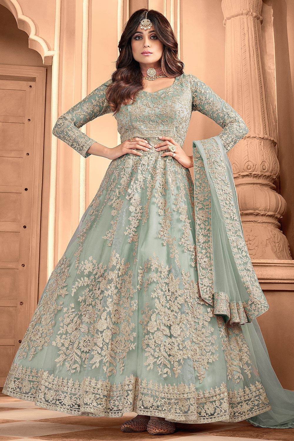 Misty Green Embroidered Party Wear Anarkali Suit
