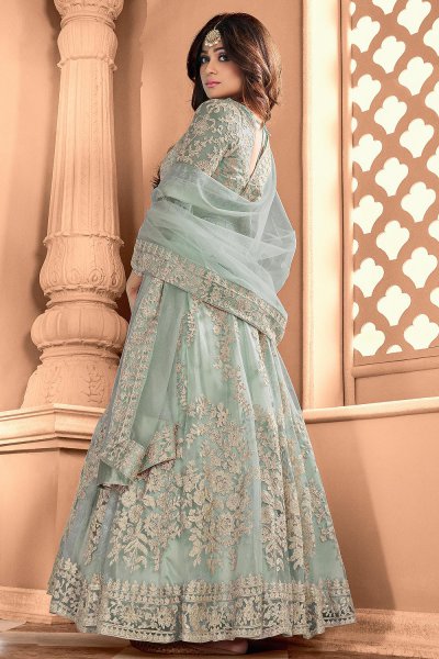 Misty Green Embroidered Party Wear Anarkali Suit