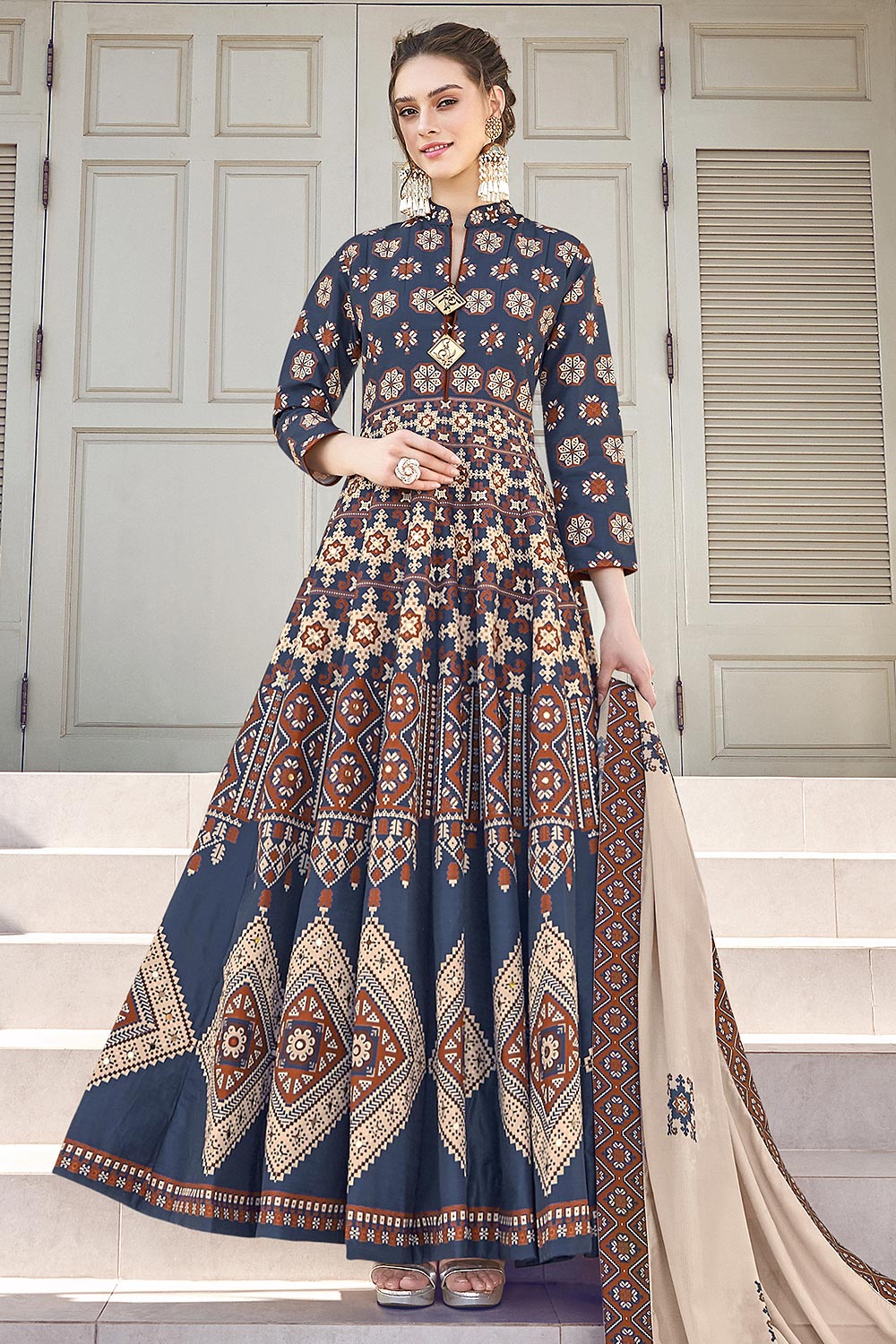 Ready To Wear Navy Blue Silk Patola Printed Anarkali  Dress