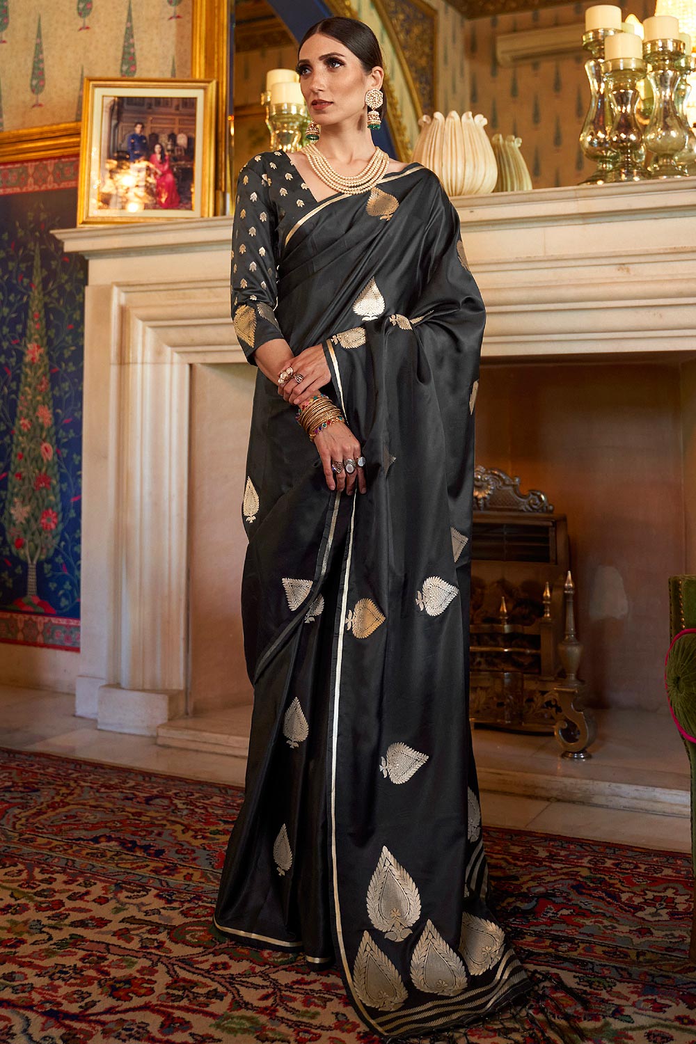 Black Pure Satin Woven Silk Saree