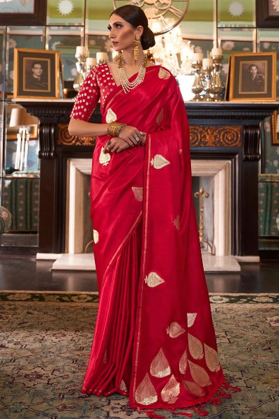Red Pure Satin Woven Silk Saree