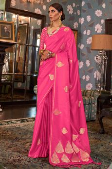 Bright Pink Pure Satin Woven Silk Saree