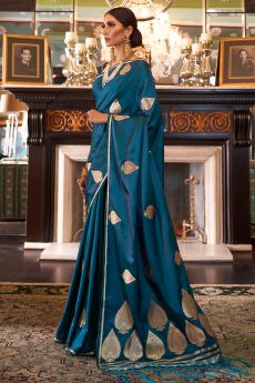Turkish Blue Pure Satin Woven Silk Saree