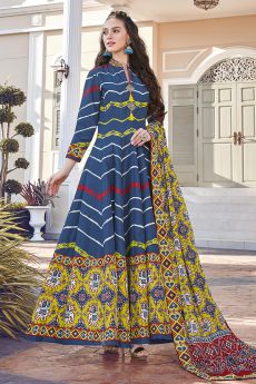 Ready To Wear Persian Blue Silk Patola Printed Anarkali  Dress