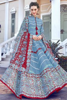 Ready To Wear Blue Silk Patola Printed Anarkali  Dress