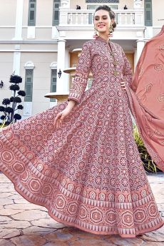 Ready To Wear Peach Silk Patola Printed Anarkali  Dress
