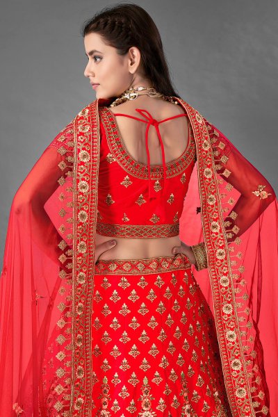 Red Satin Silk Embroidered Lehenga