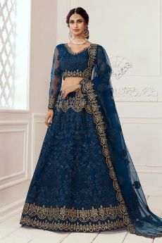 Persian Blue Beautiful Embroidered Indian Lehenga in Net lined with Silk
