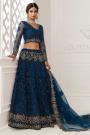 Persian Blue Beautiful Embroidered Indian Lehenga in Net lined with Silk