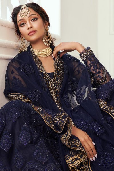 Navy Blue Beautiful Embroidered Indian Lehenga in Net lined with Silk