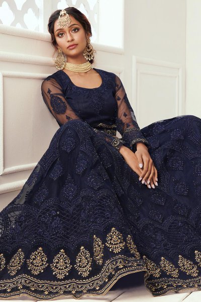 Navy Blue Beautiful Embroidered Indian Lehenga in Net lined with Silk