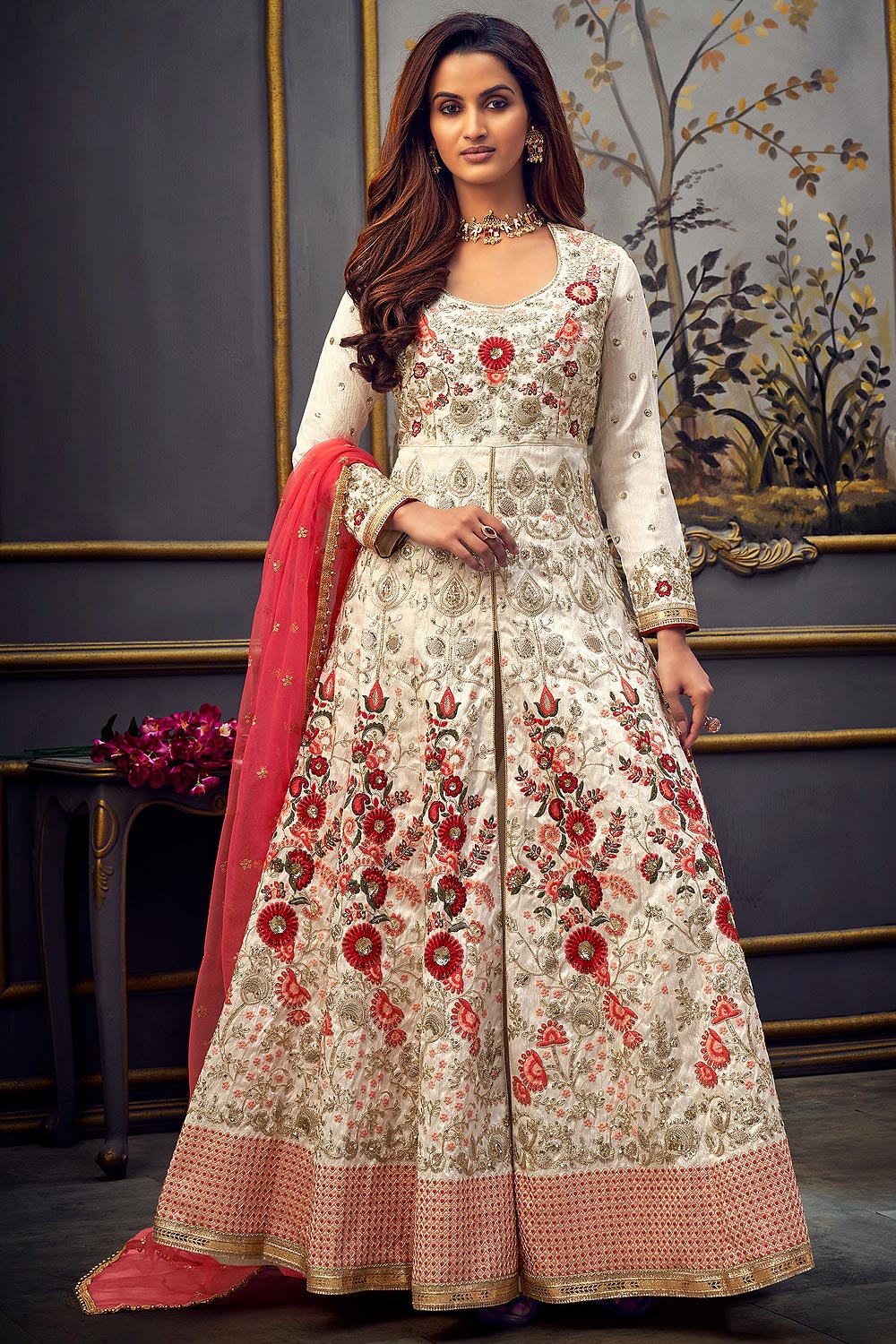 red silk anarkali