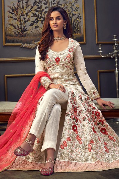 Red And White Silk  Anarkali Suit